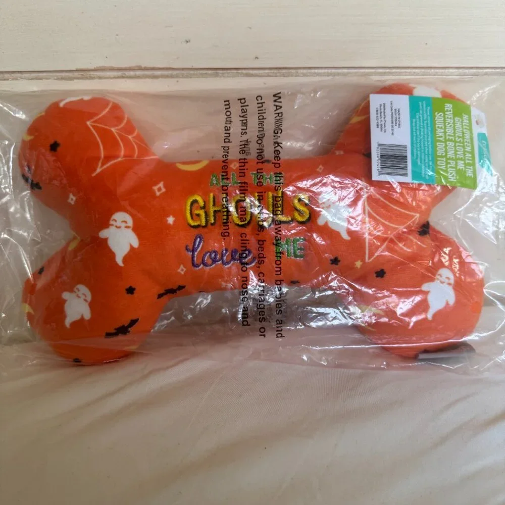 NWT, Frisco Halloween All the Ghouls Love Me Bone, Plush Squeaky Dog Toy, Orange